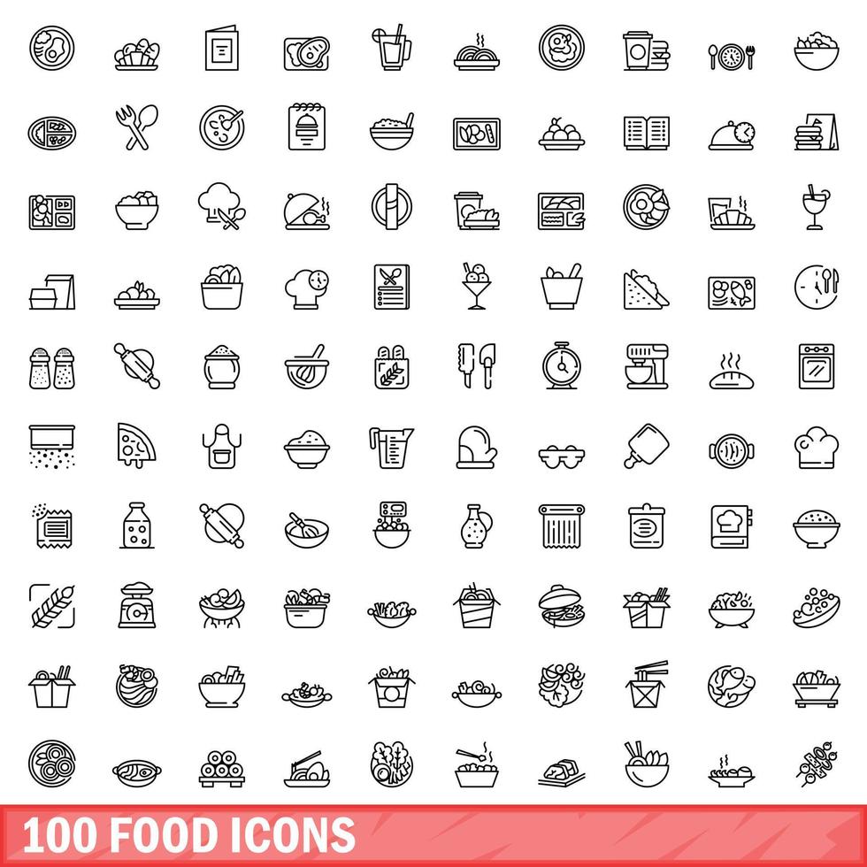 100 food icons set, outline style vector