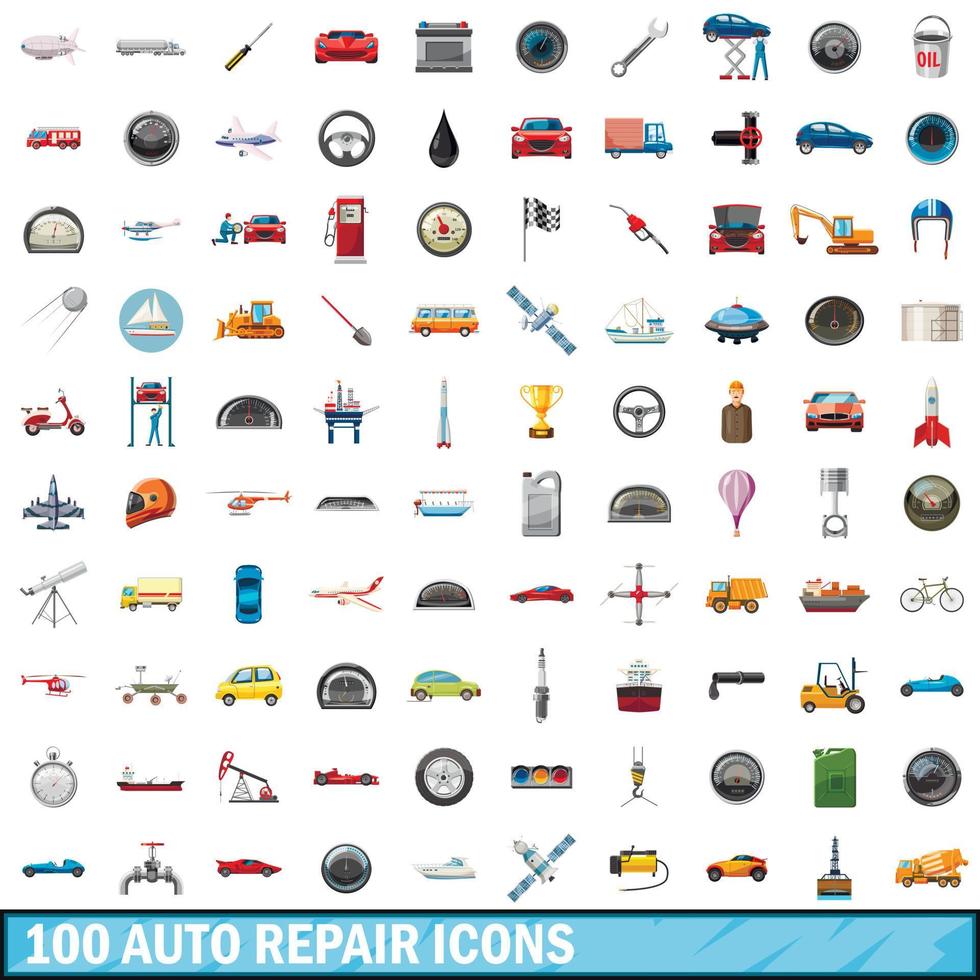 100 auto repair icons set, cartoon style vector