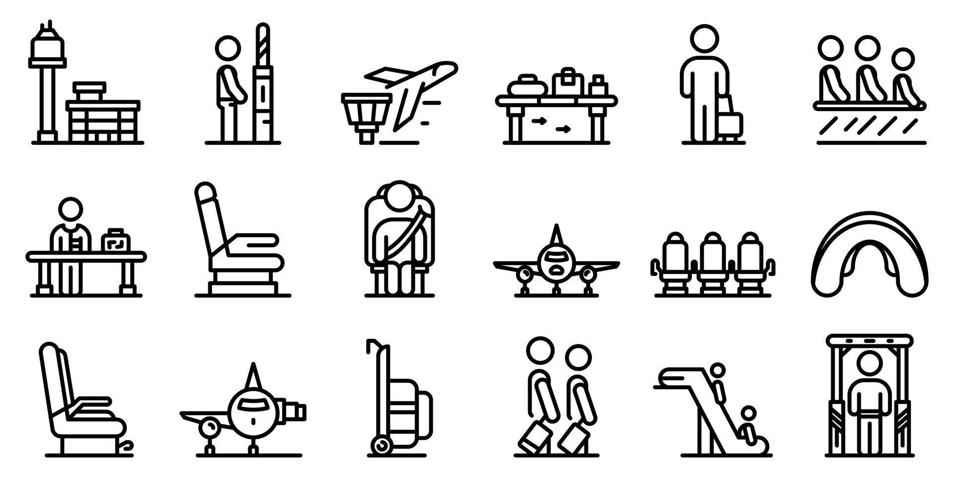 Conjunto de iconos de pasajeros de líneas aéreas, estilo de esquema vector