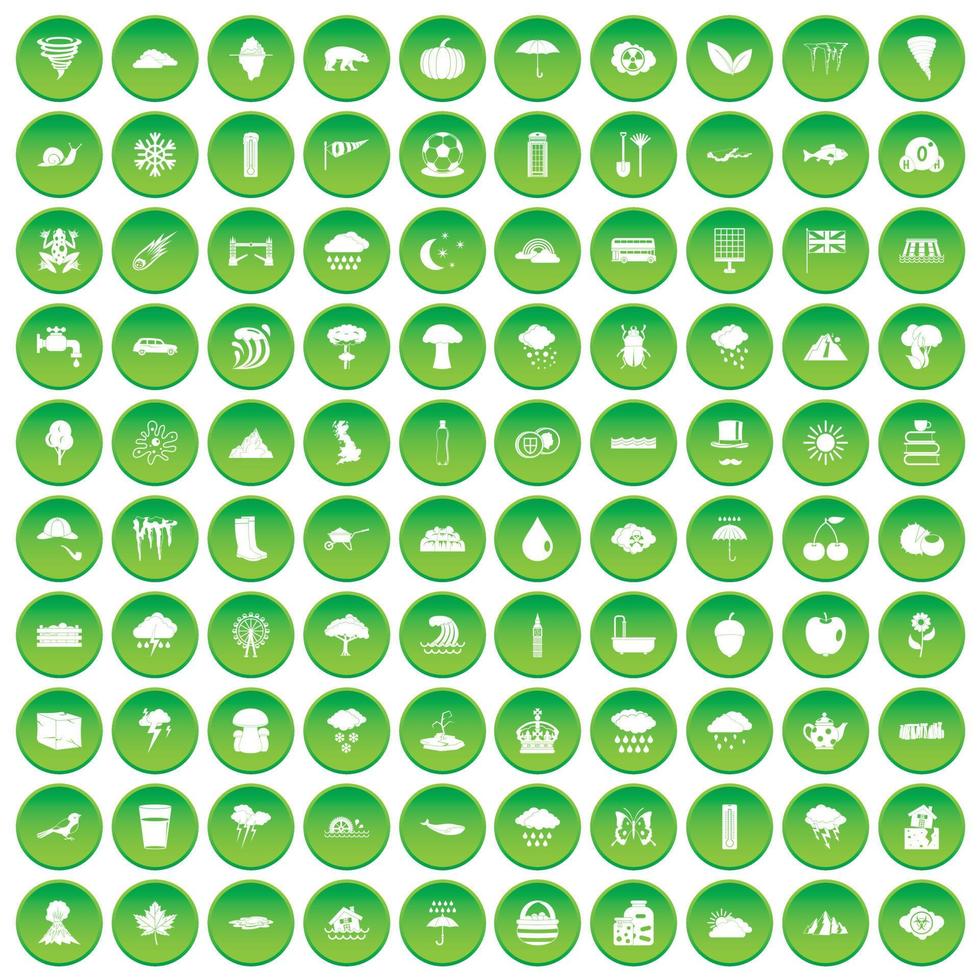 100 rain icons set green circle vector