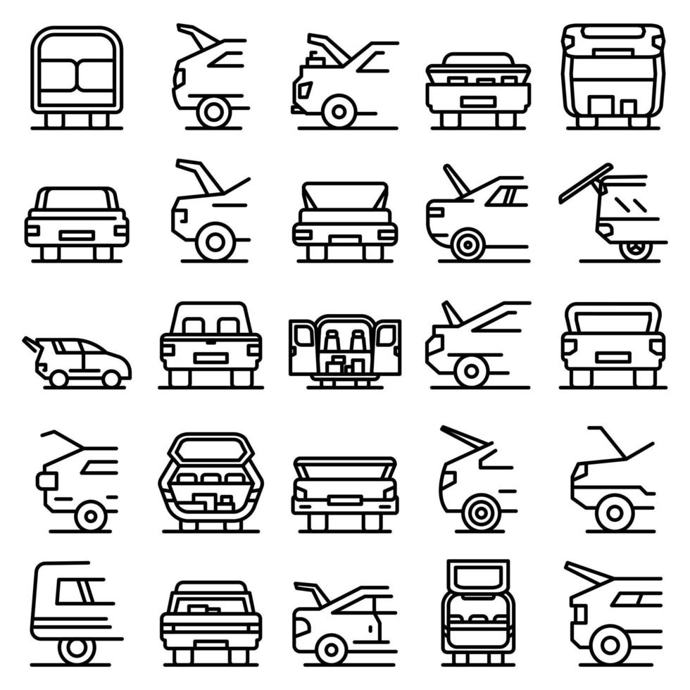 Conjunto de iconos de coche maletero, estilo de esquema vector