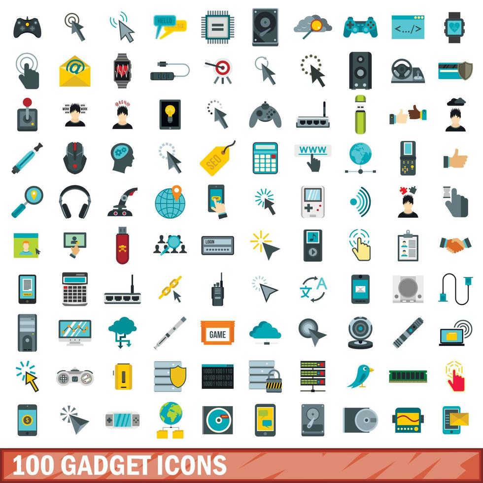 100 gadget icons set, flat style vector