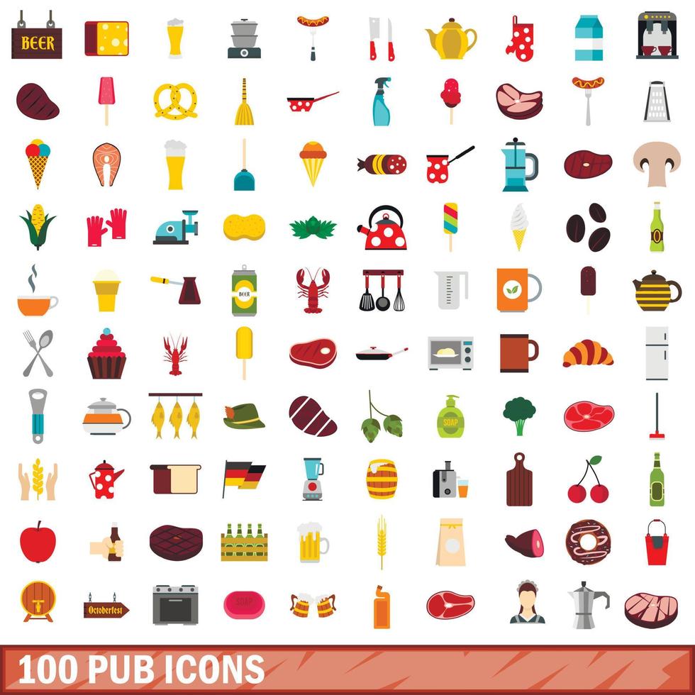 100 pub icons set, flat style vector