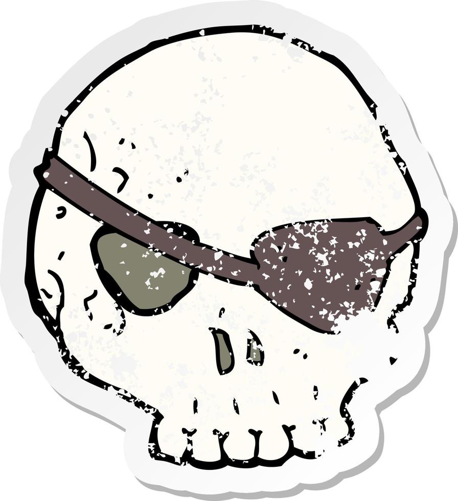 pegatina retro angustiada de un cráneo de dibujos animados con parche en el ojo vector