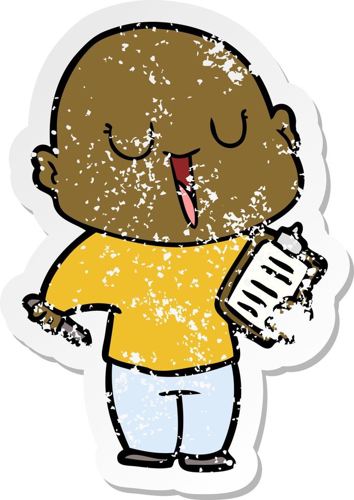 distressed sticker of a happy cartoon bald man vector