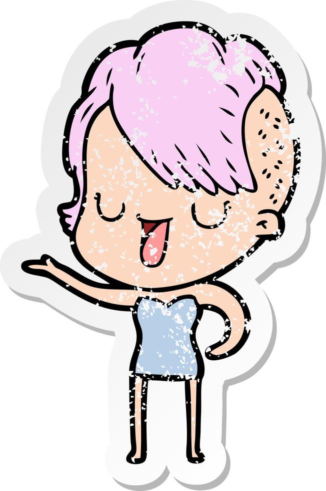 distressed sticker of a cute cartoon girl with hipster haircut vector
