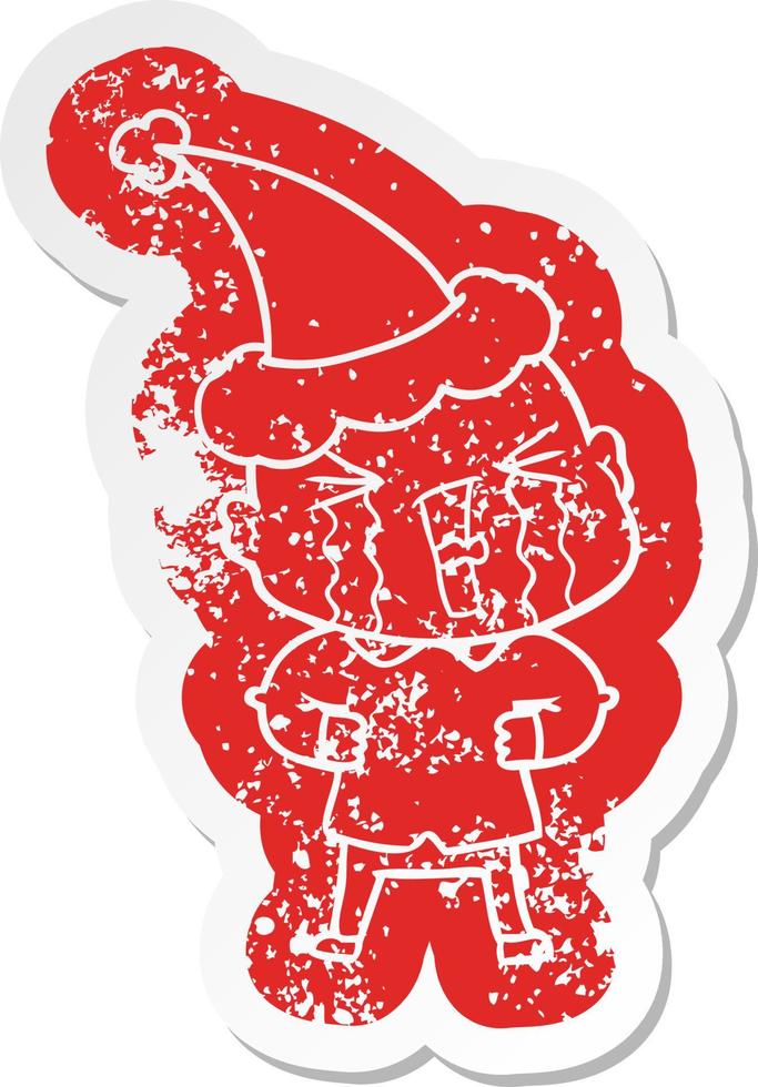 cartoon distressed sticker of a crying bald man wearing santa hat vector