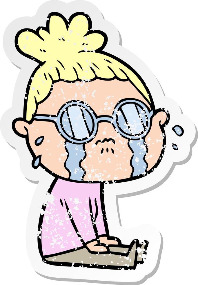 distressed sticker of a cartoon crying woman wearing spectacles vector