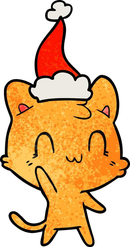 textured cartoon of a happy cat wearing santa hat vector