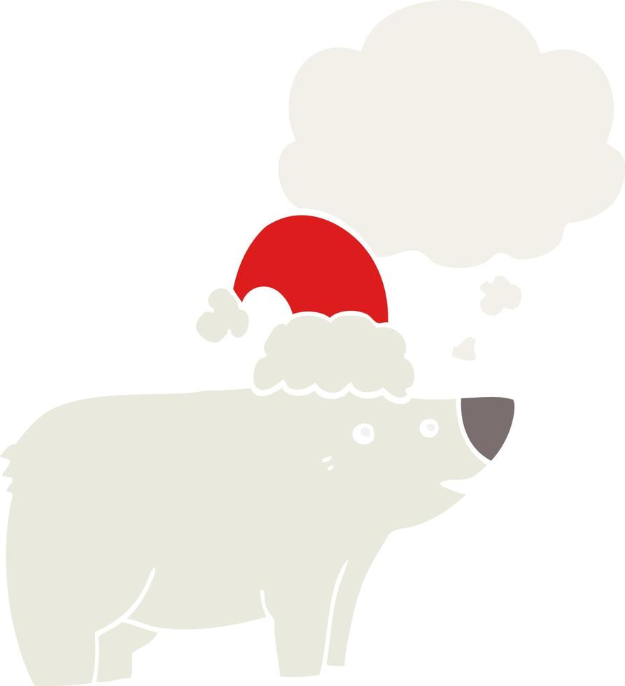 cartoon bear wearing christmas hat and thought bubble in retro style vector