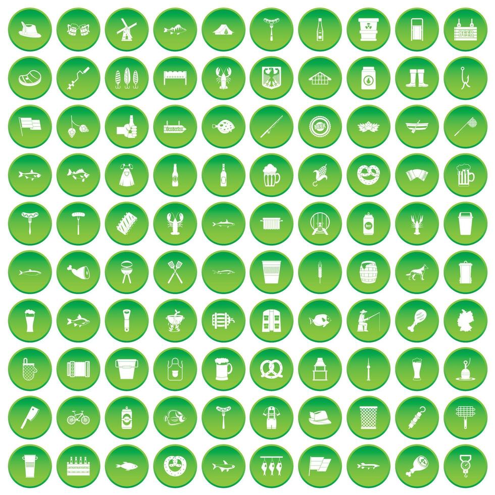 100 beer icons set green circle vector