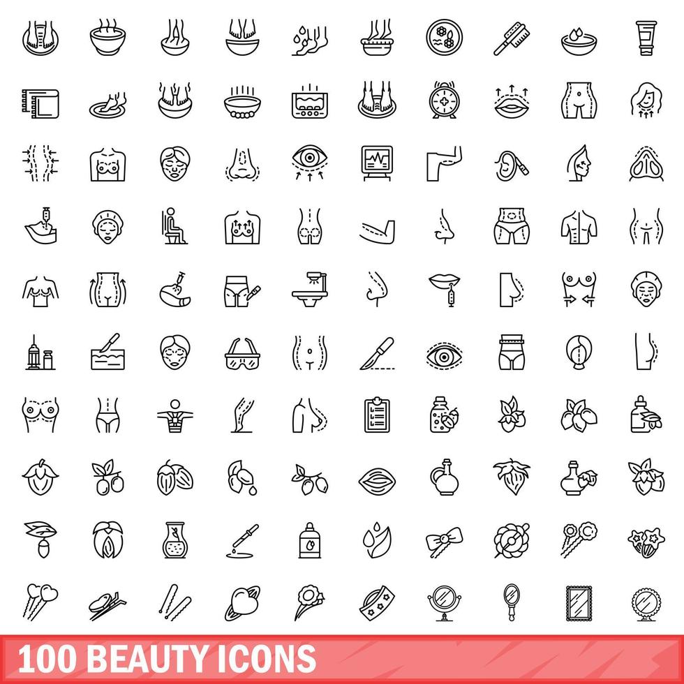 100 beauty icons set, outline style vector