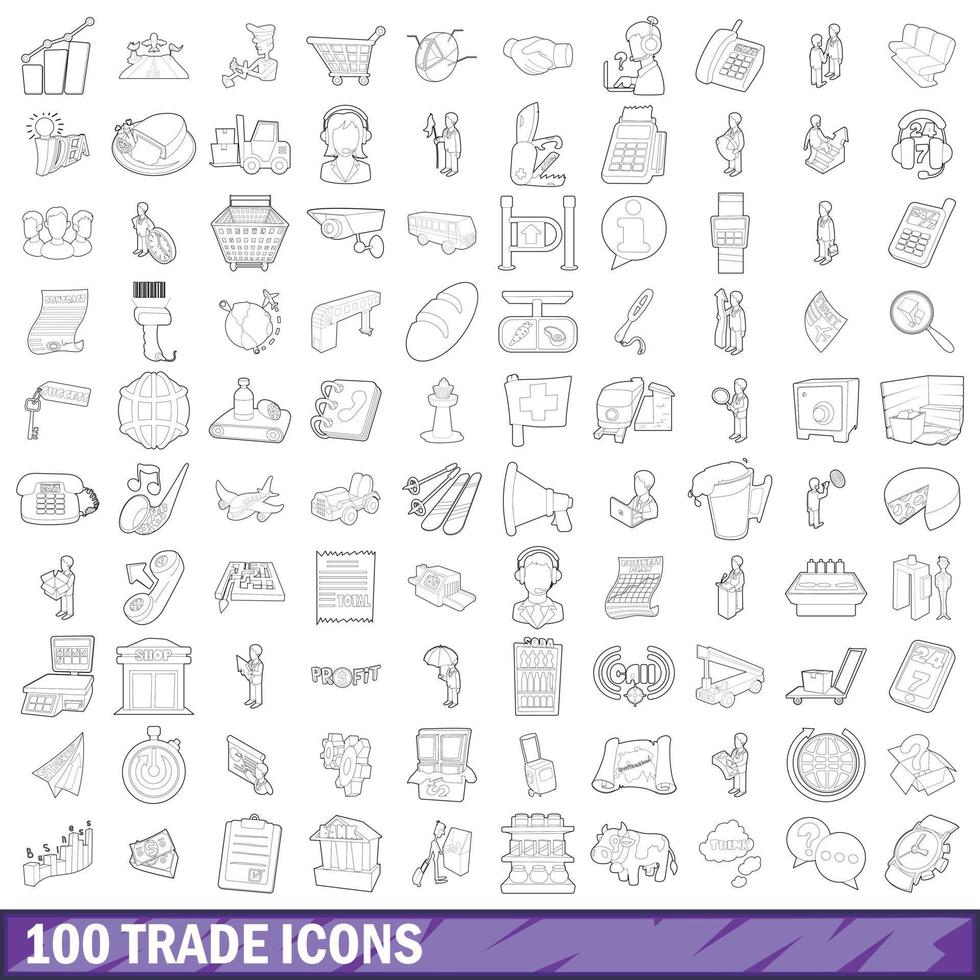 100 trade icons set, outline style vector