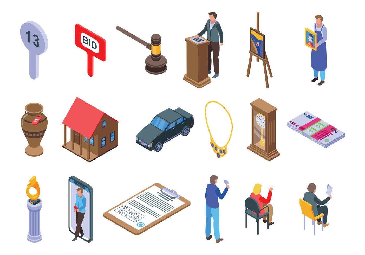 Auction icons set, isometric style vector