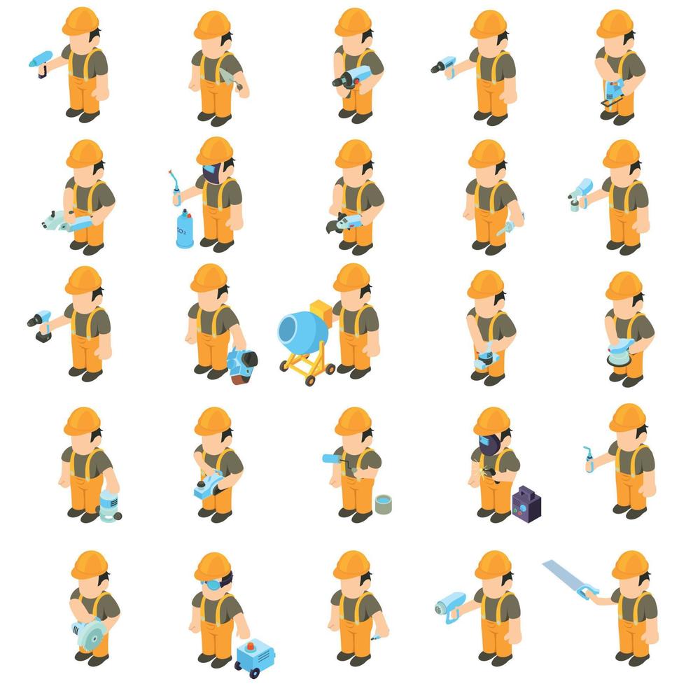 Worker and tool icons set, isometric style vector