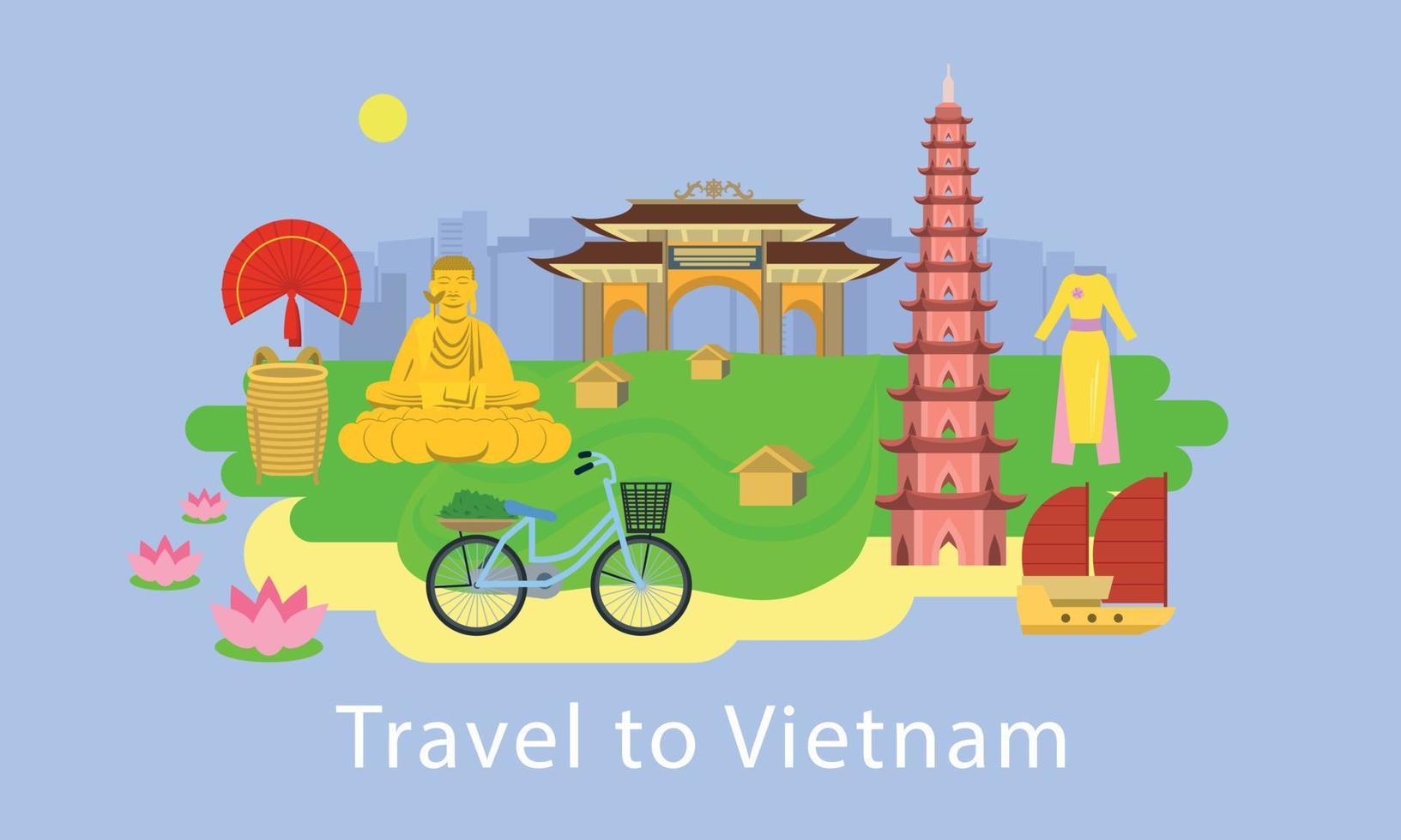 Travel to Vietnam concept banner, flat style vector