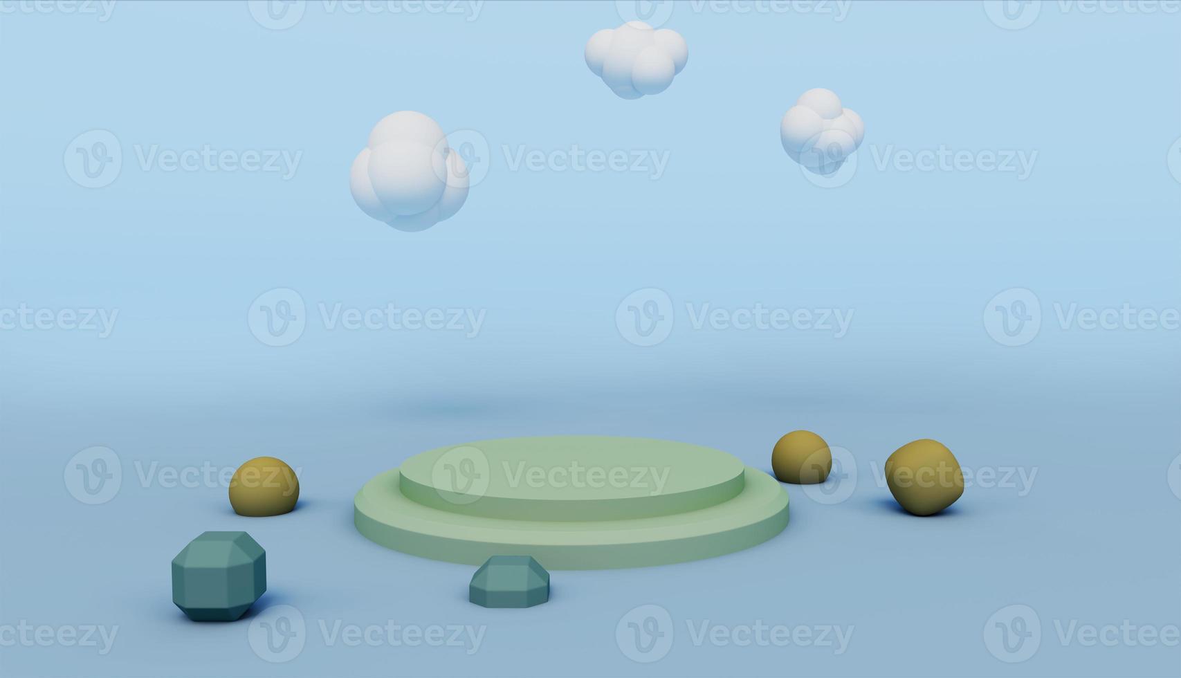 Spring Rain color cylinder with cloud and sphere Product Stand with stair ,Studio Scene For Product ,minimal design,3D rendering photo