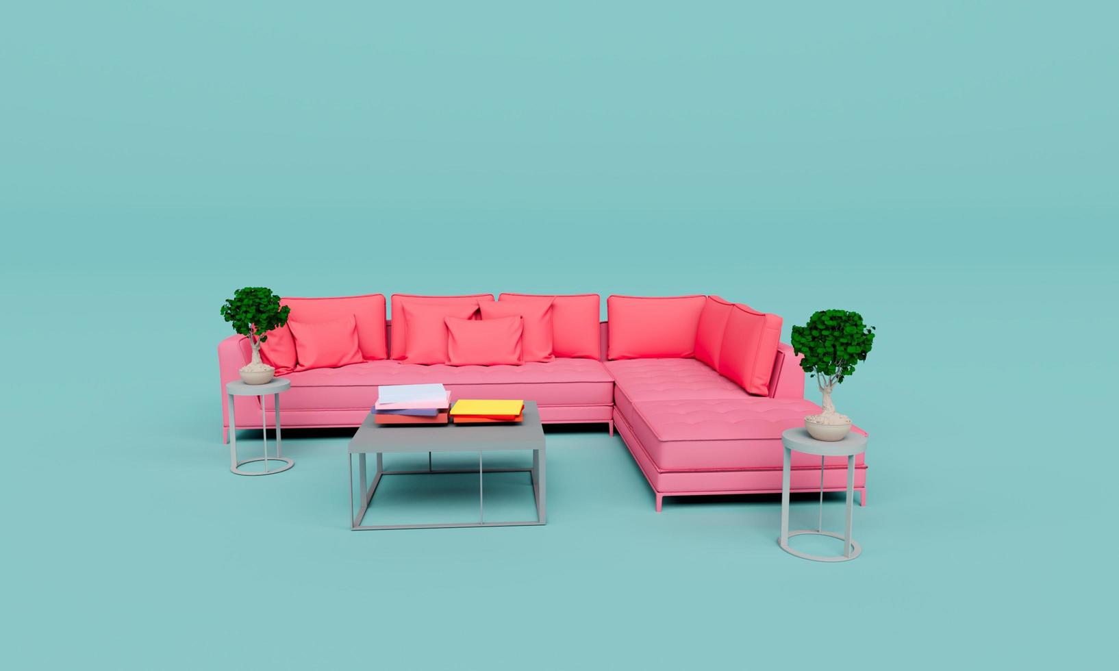 sofá de salón con planta y mesita de renderizado 3d foto