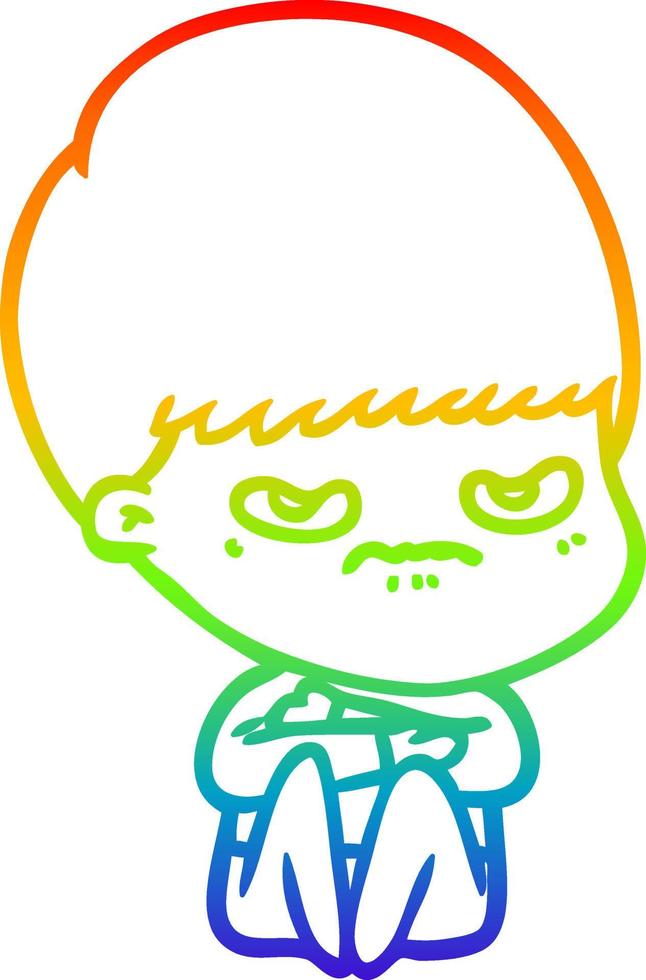 rainbow gradient line drawing cartoon angry boy sitting vector