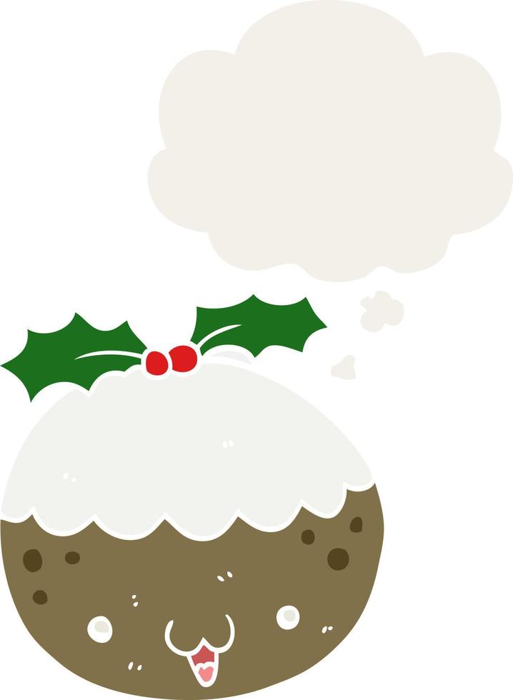 cute cartoon christmas pudding and thought bubble in retro style vector