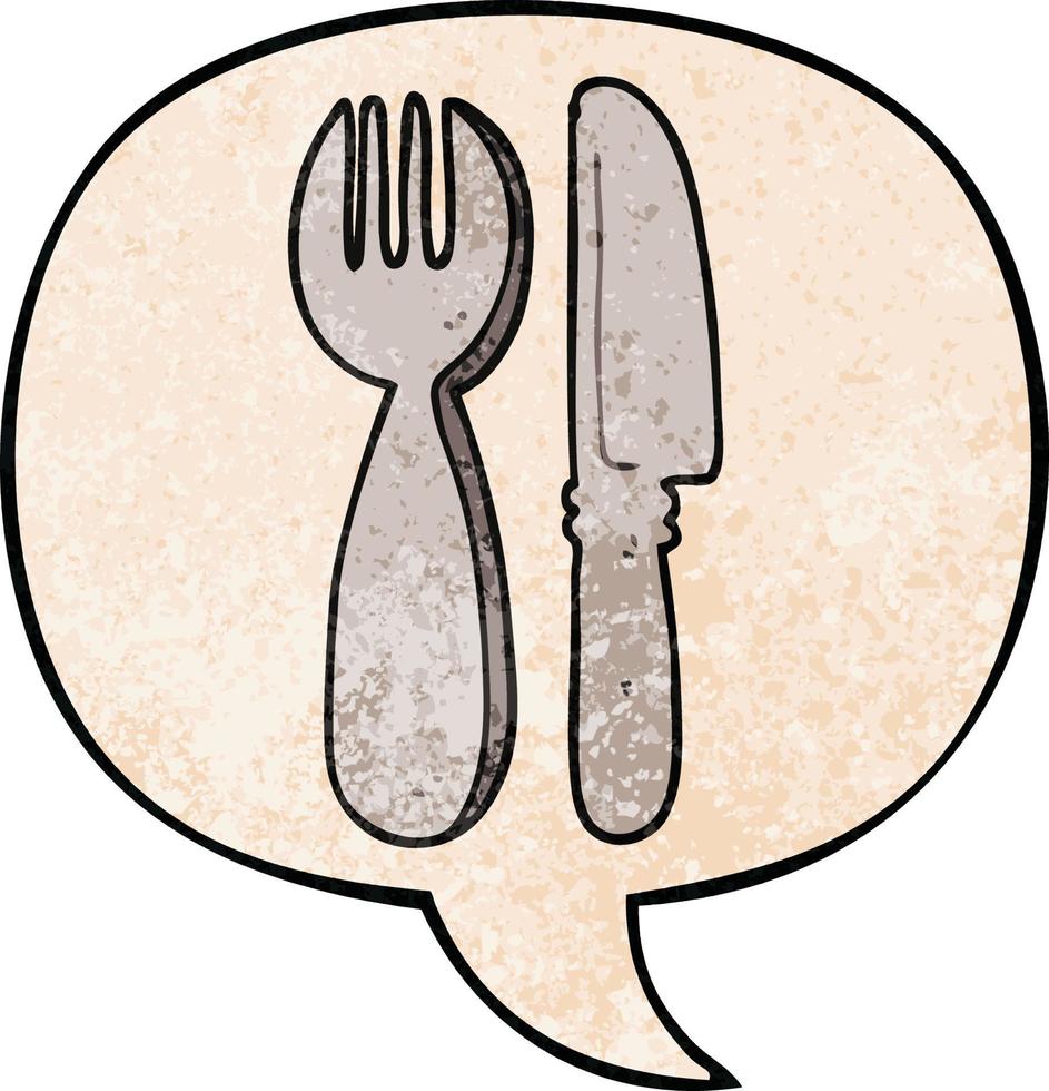 cuchillo y tenedor de dibujos animados y burbuja del habla en estilo de textura retro vector