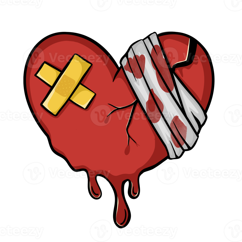 Broken heart, Drip Blood , Heart injury with bandage, png