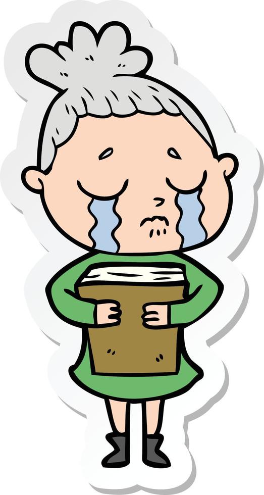 sticker of a cartoon crying woman holding book vector