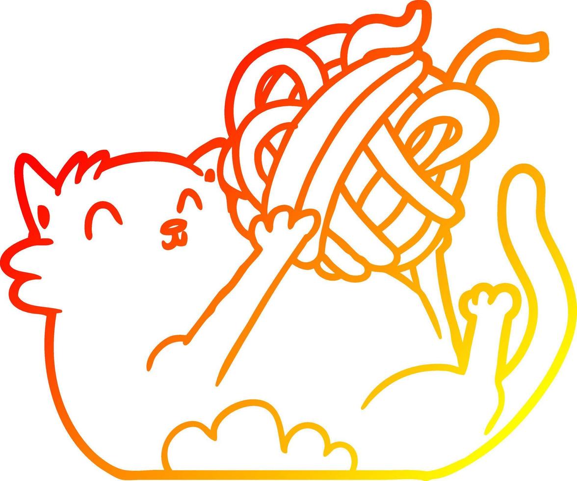 dibujo de línea de gradiente cálido gato de dibujos animados jugando con una bola de hilo vector
