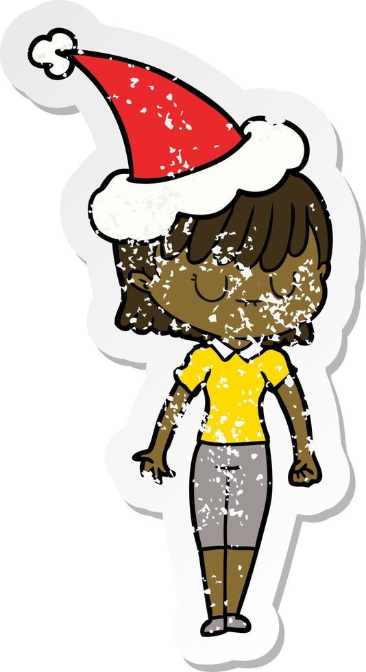 distressed sticker cartoon of a woman wearing santa hat vector