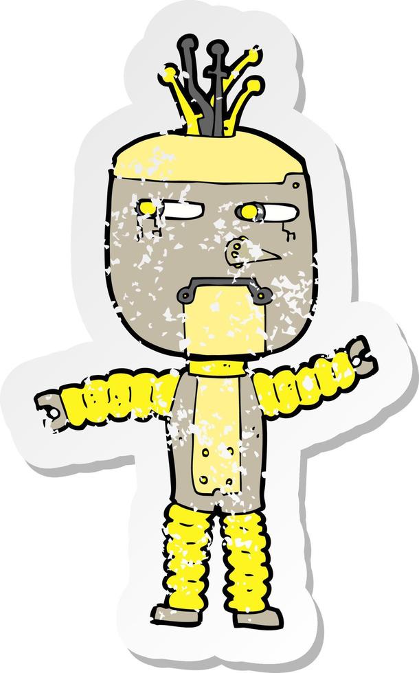 retro distressed sticker of a cartoon waving robot vector