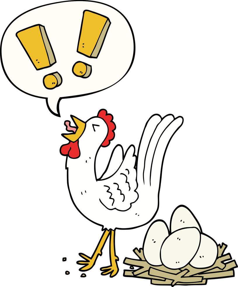 cartoon chicken laying egg and speech bubble vector