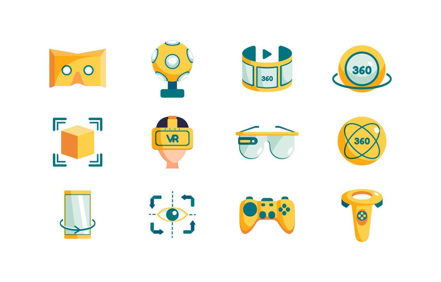 conjunto de iconos planos tecnología de 360 grados con color amarillo y verde vector