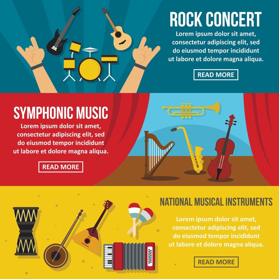 Concert poster banner horizonatal set, flat style vector