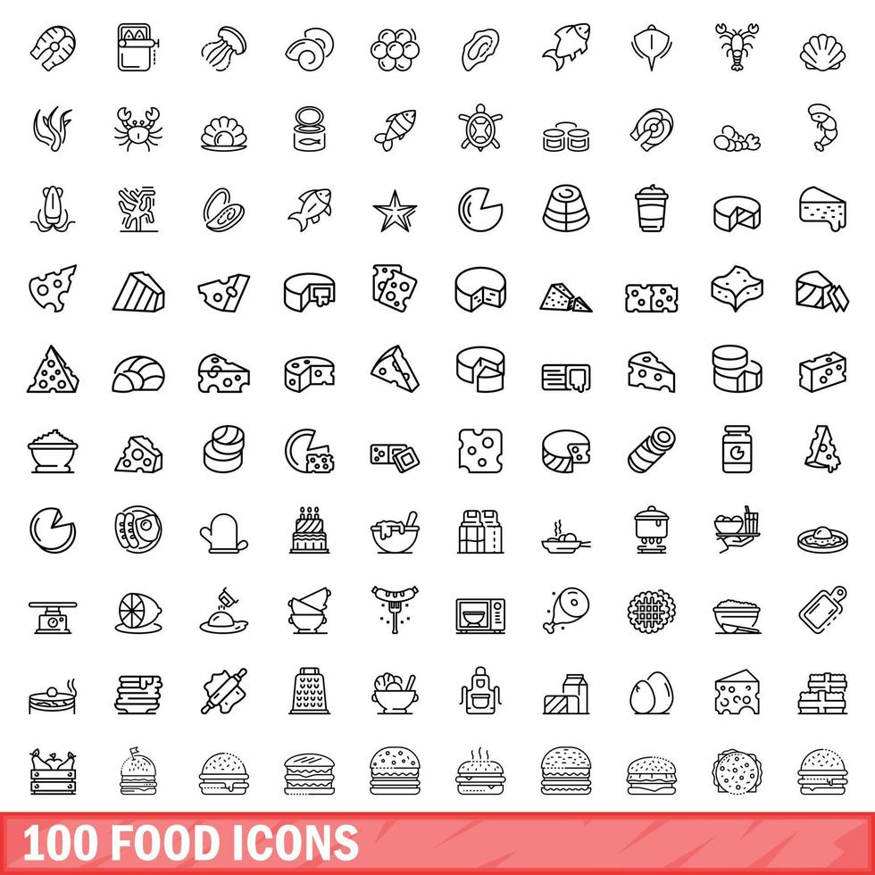 100 food icons set, outline style vector