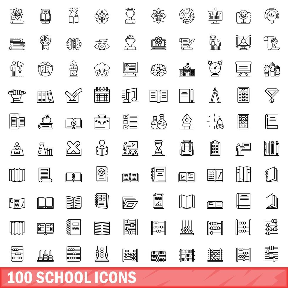 100 school icons set, outline style vector