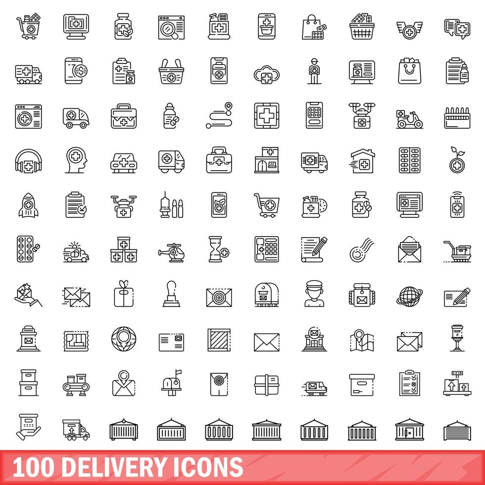 100 delivery icons set, outline style vector