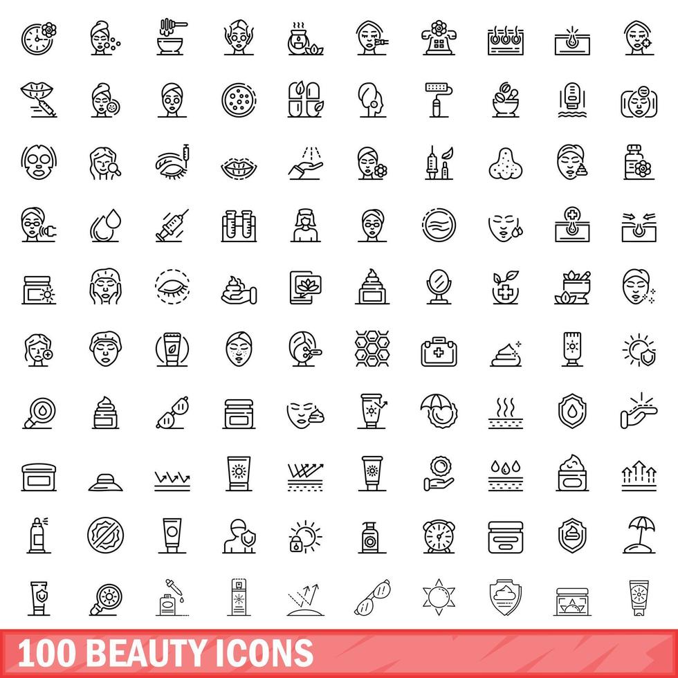 100 beauty icons set, outline style vector