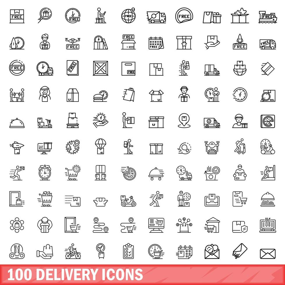 100 conjunto de iconos de entrega, estilo de esquema vector