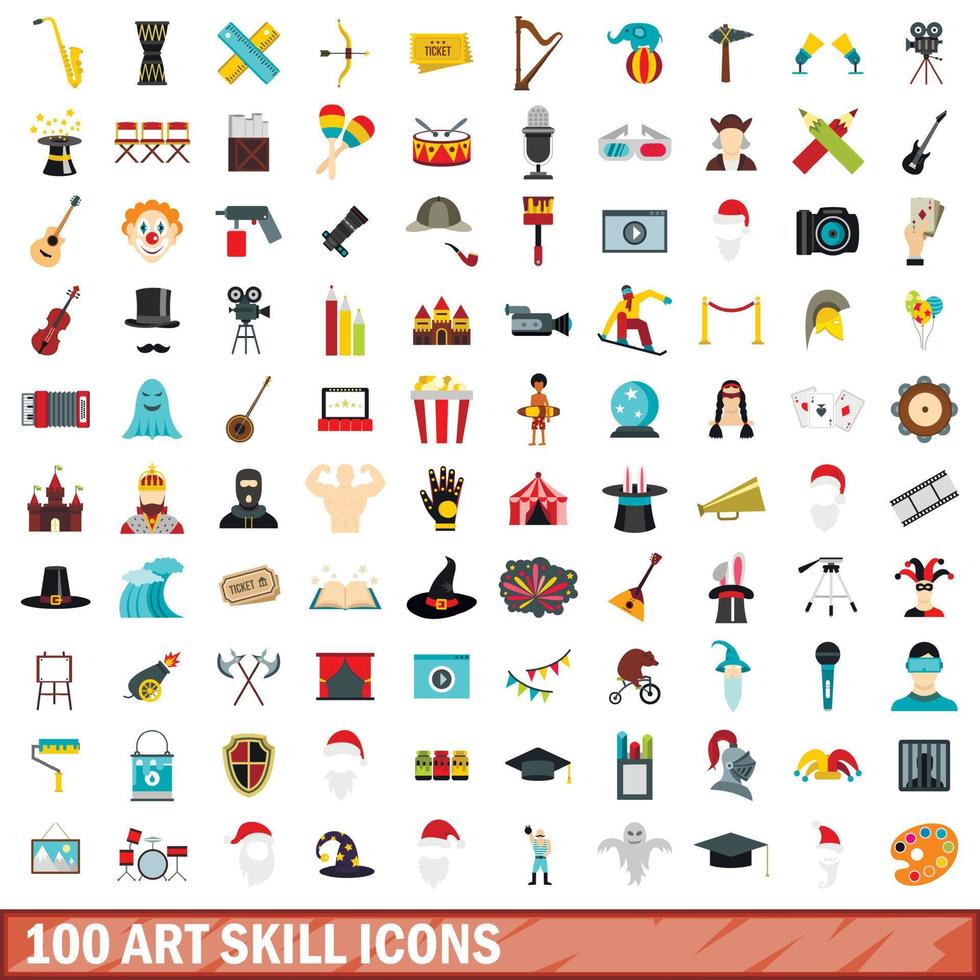 100 art skill icons set, flat style vector