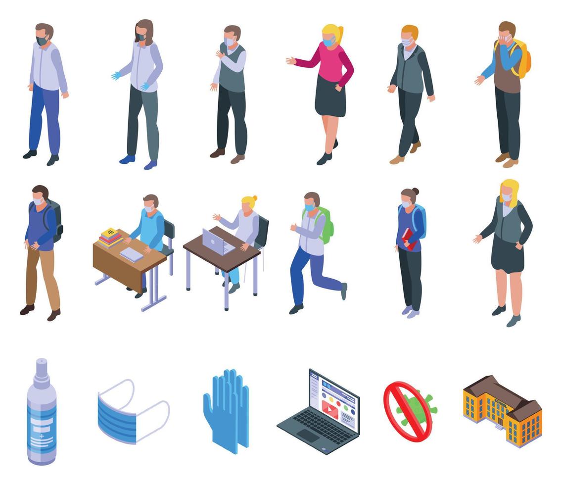 Quarantine in school icons set, isometric style vector