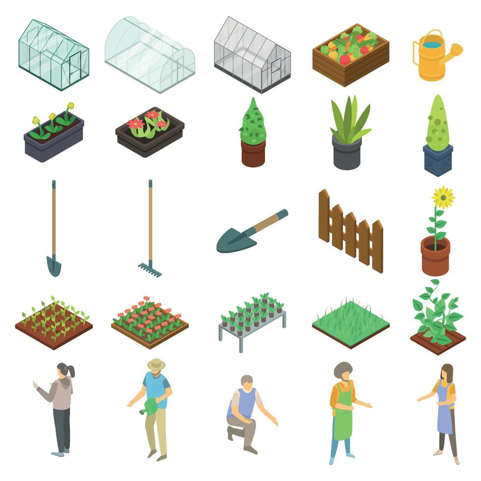 Home greenhouse icons set, isometric style vector