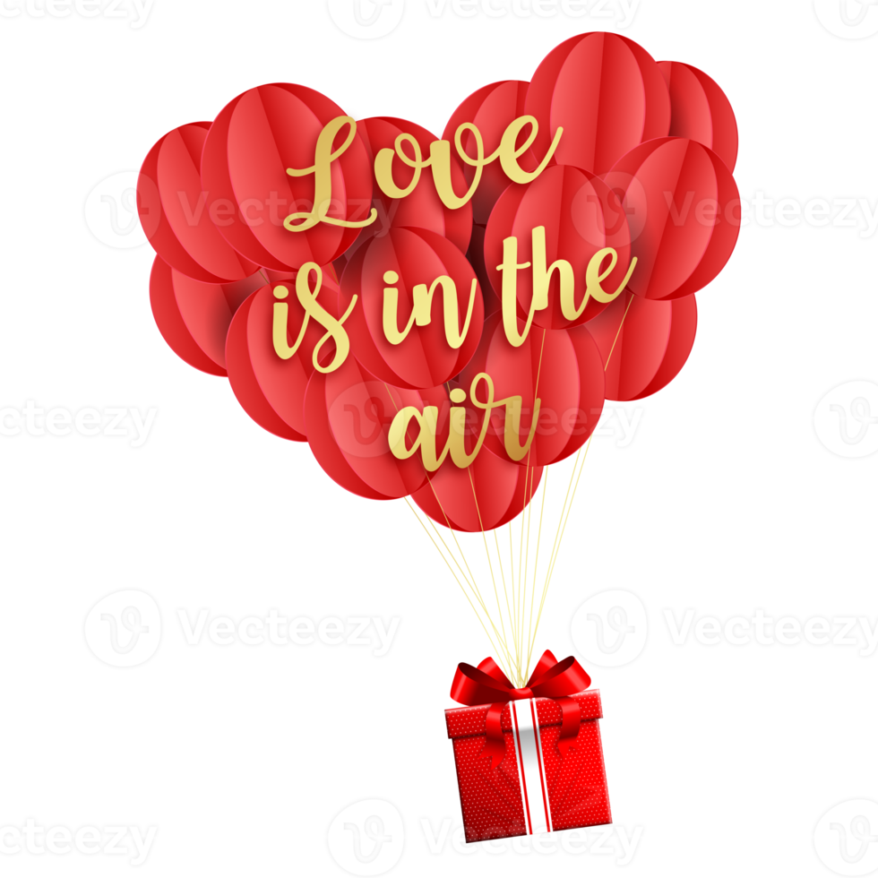 Love is in the air Red heart shaped balloons with gift box png