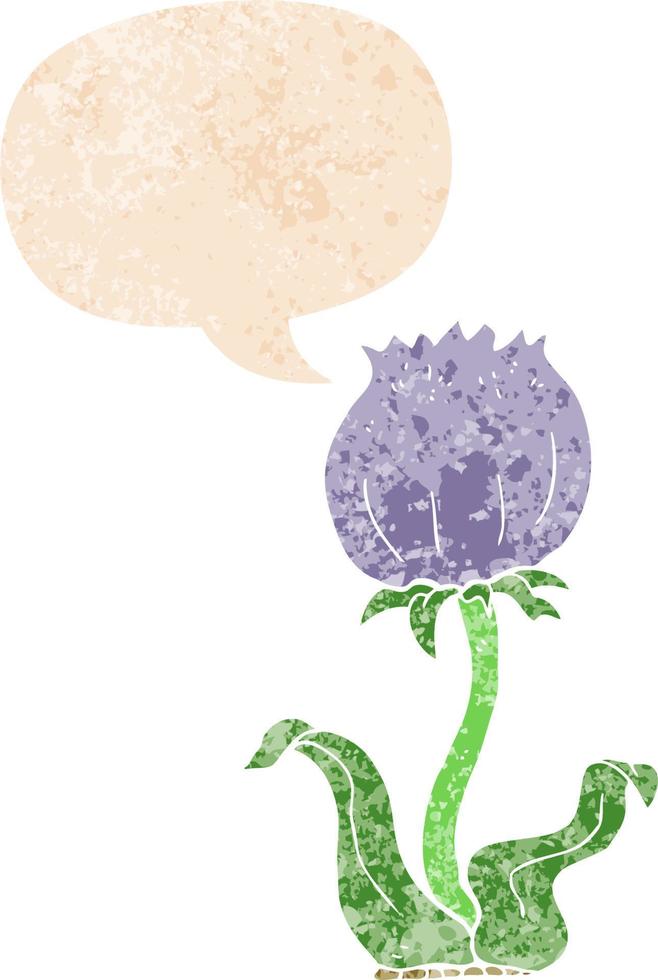 cartoon wild flower and speech bubble in retro textured style vector