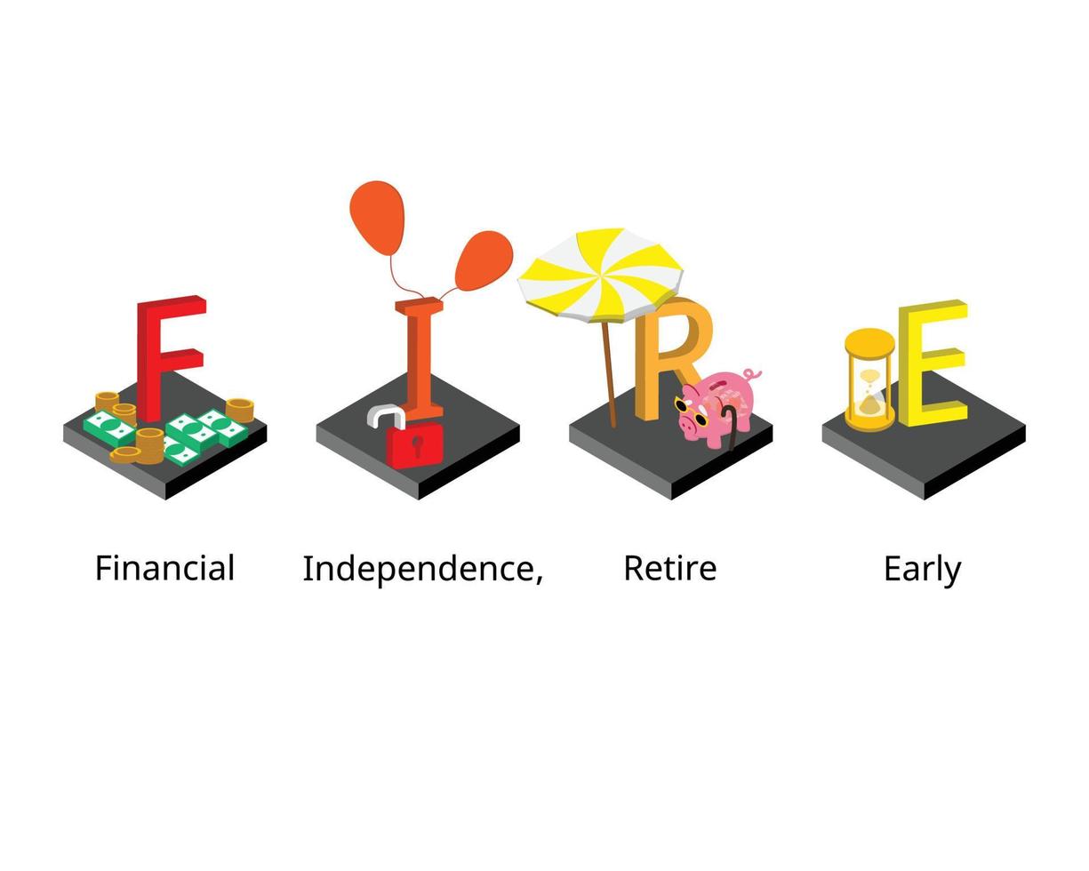 FIRE or Financial Independence Retire Early to save and invest aggressively so you can retire early vector