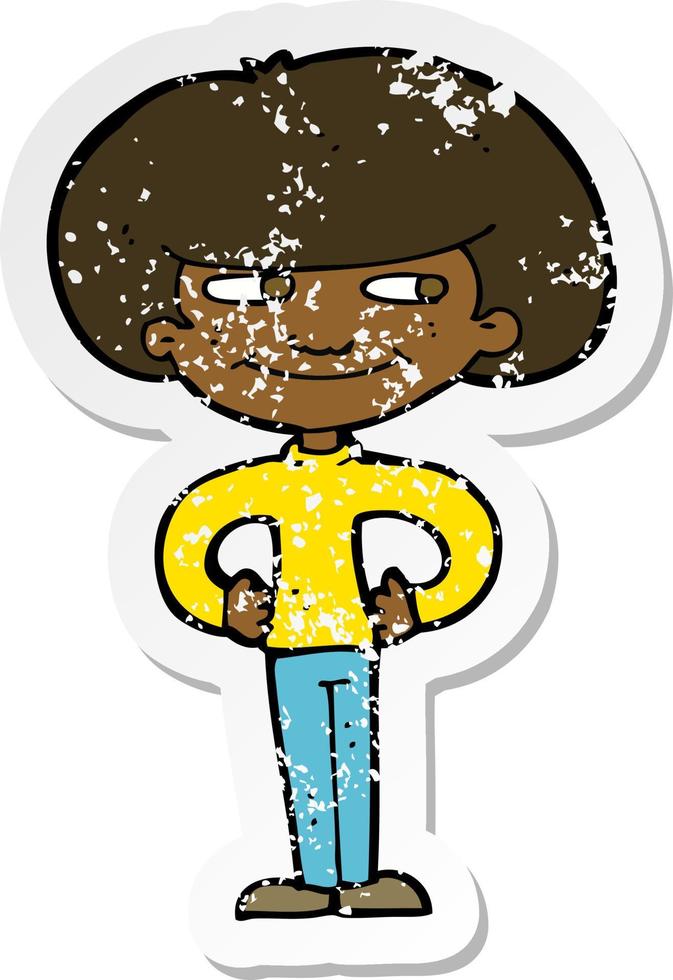 retro distressed sticker of a cartoon boy with hands on hips vector