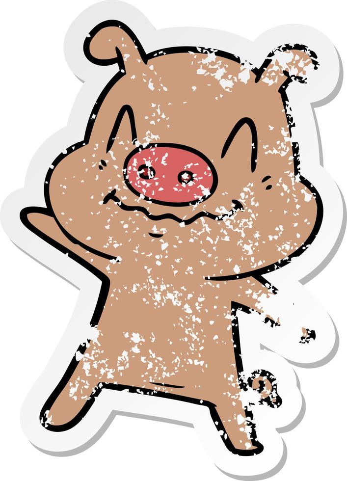 distressed sticker of a nervous cartoon pig vector