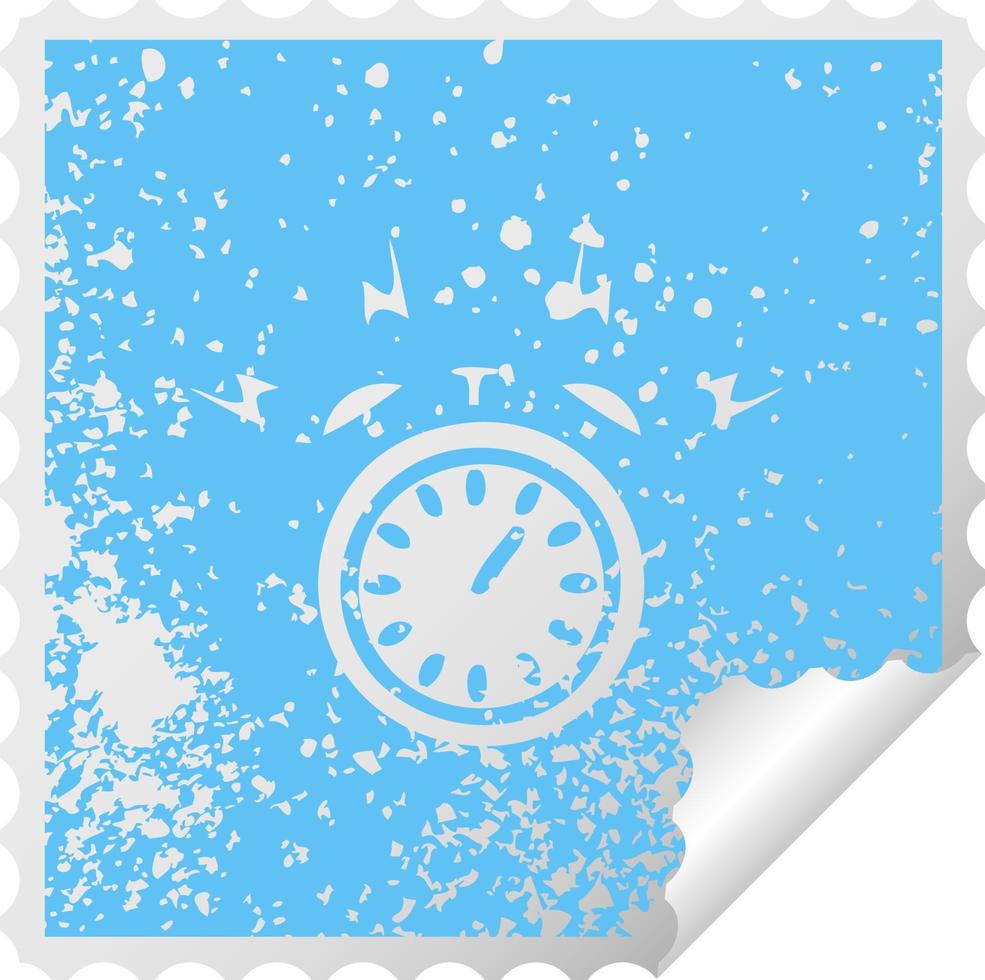 distressed square peeling sticker symbol ringing alarm clock vector
