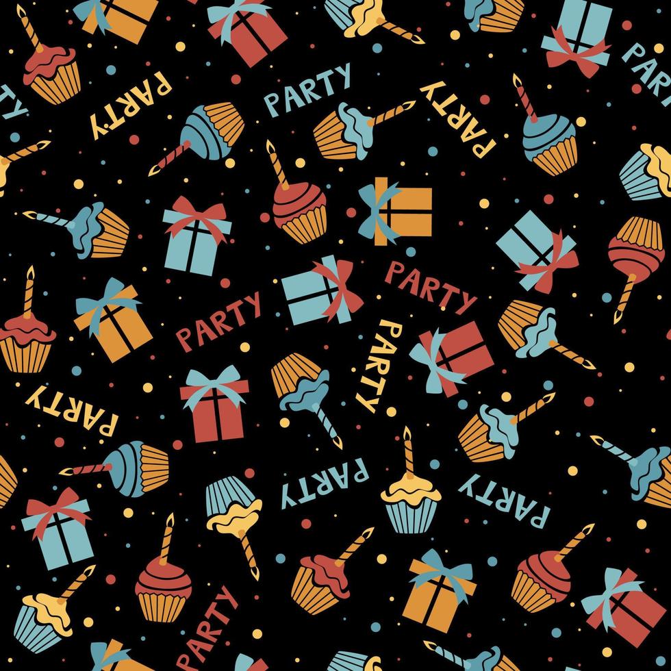 Birthday cakes, gift boxes, flat vector seamless pattern. Hand drawn background for a party.