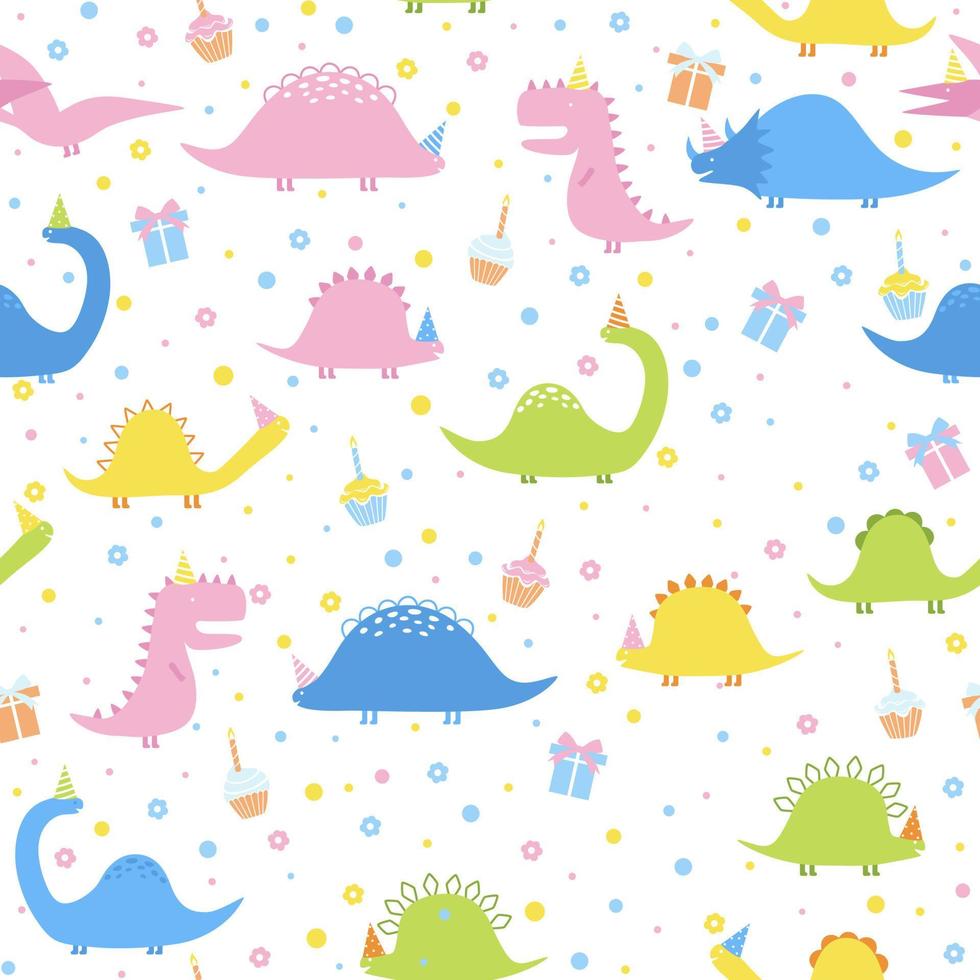 Vector seamless pattern with cute dinosaurs, cakes and gifts on white background. Cartoon design in childish doodle style for textile, books, phone cases. Birthday party with dinosaurs.