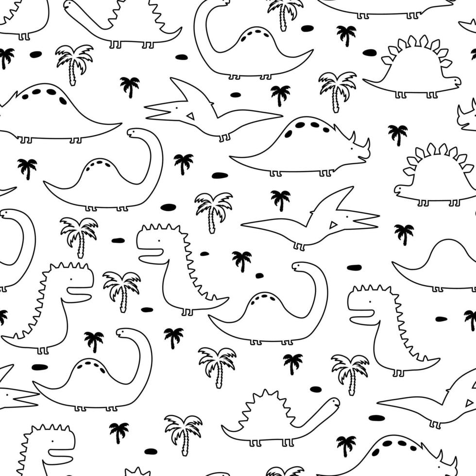 Vector illustration, print, card with cute dinosaurs and palms tree. Seamless pattern.